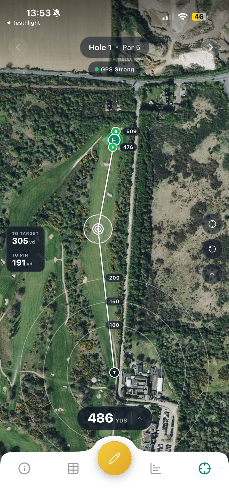 Foremates mobile GPS yardage screen showing hole map and on-course distances