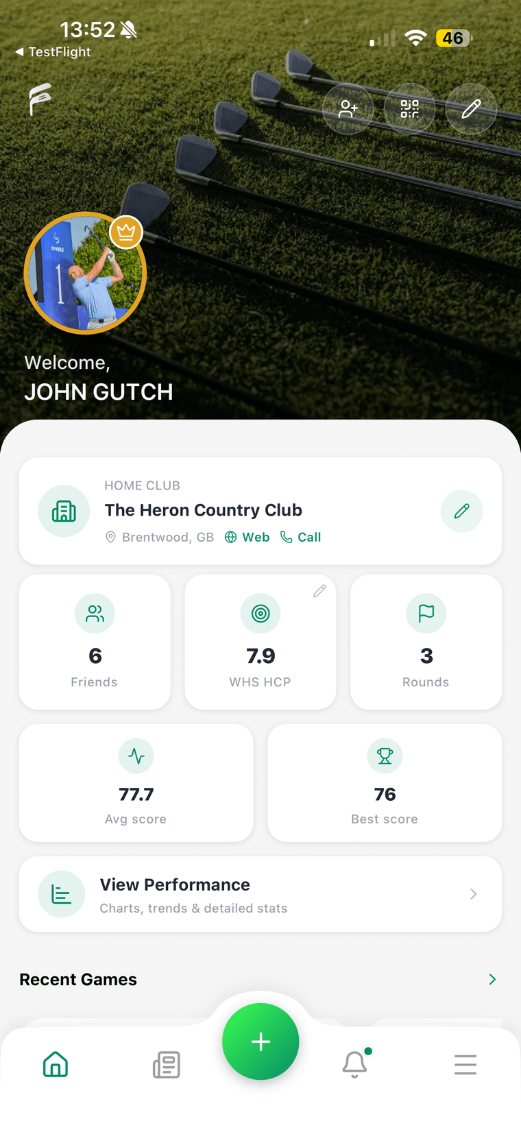 Foremates mobile profile dashboard showing home club, playing stats and recent games