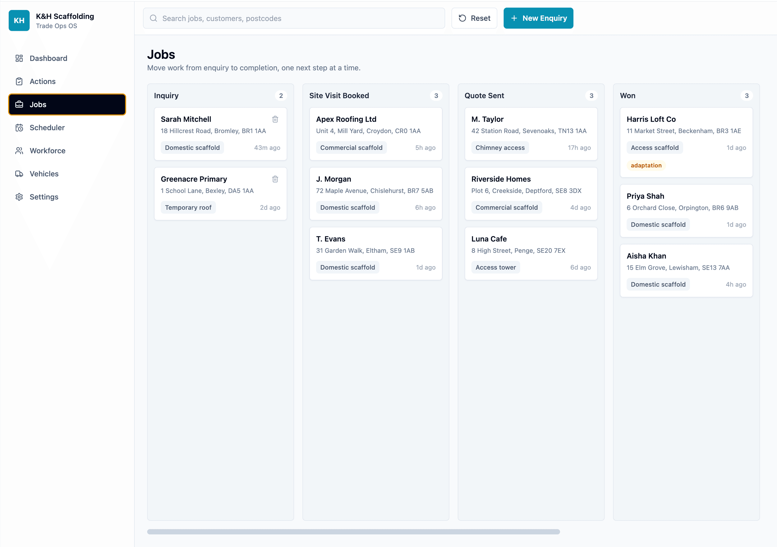 K&H Scaffolding trade ops platform showing jobs moving from enquiry through site visit, quote sent and won stages
