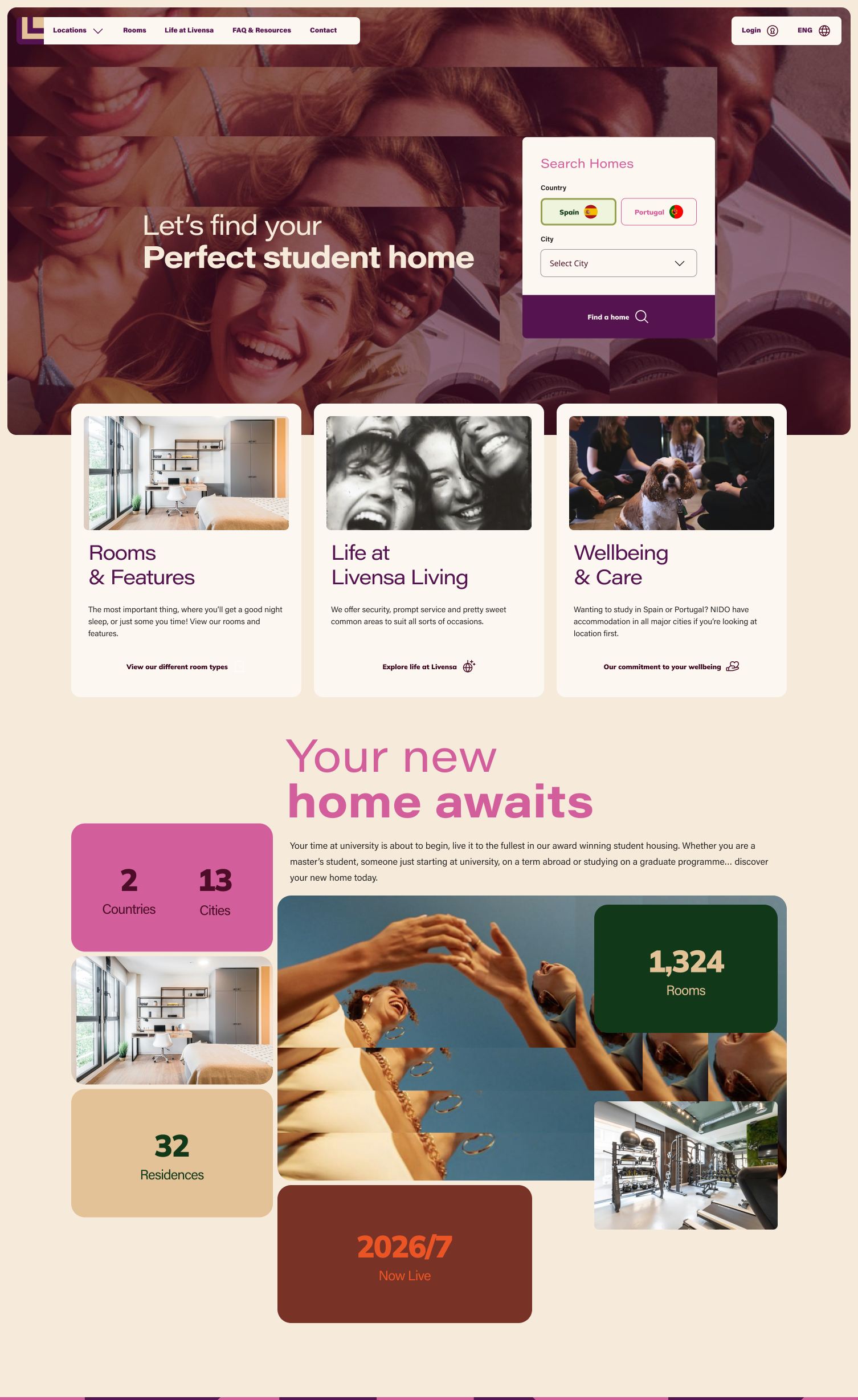 Livensa Living digital platform homepage concept showing search, content cards and residence metrics
