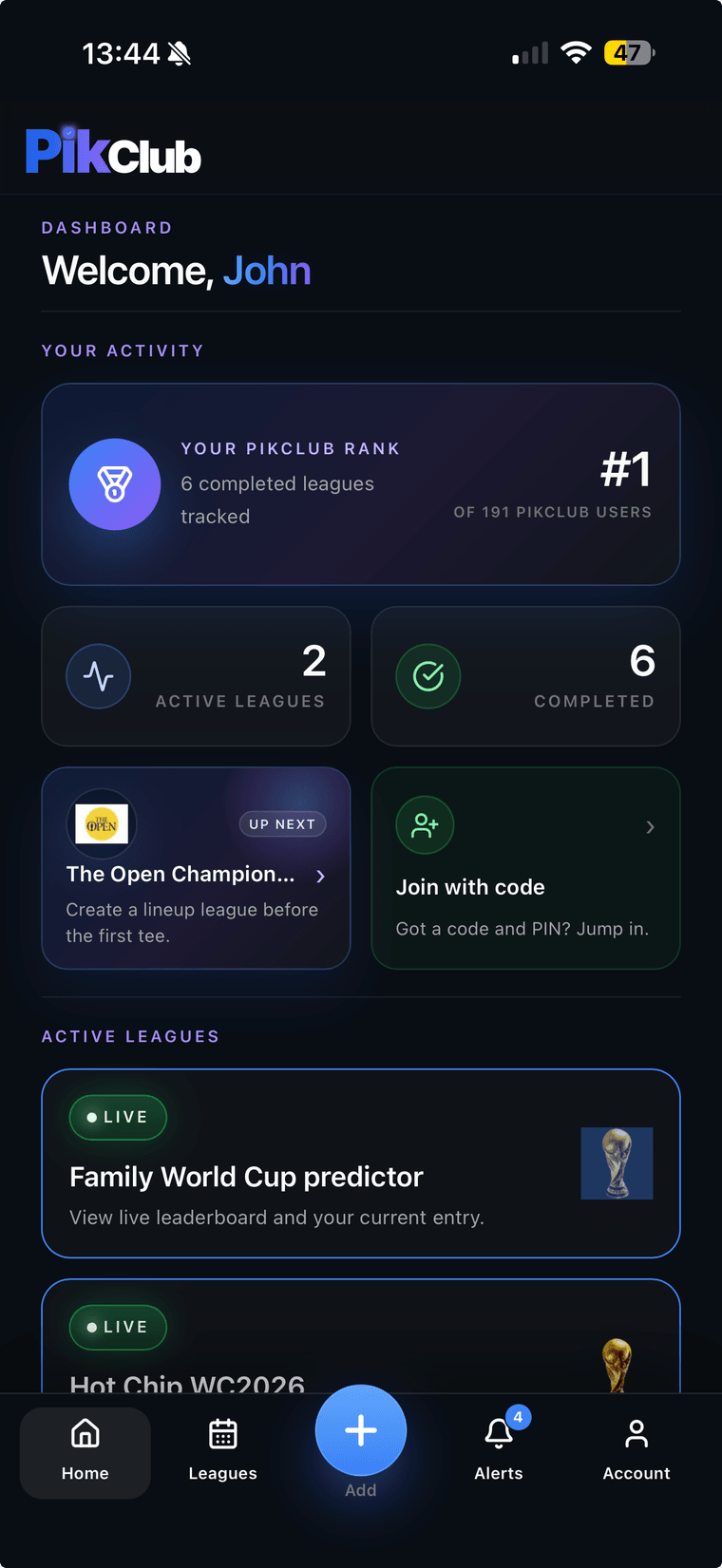 PikClub mobile dashboard showing active leagues and user activity