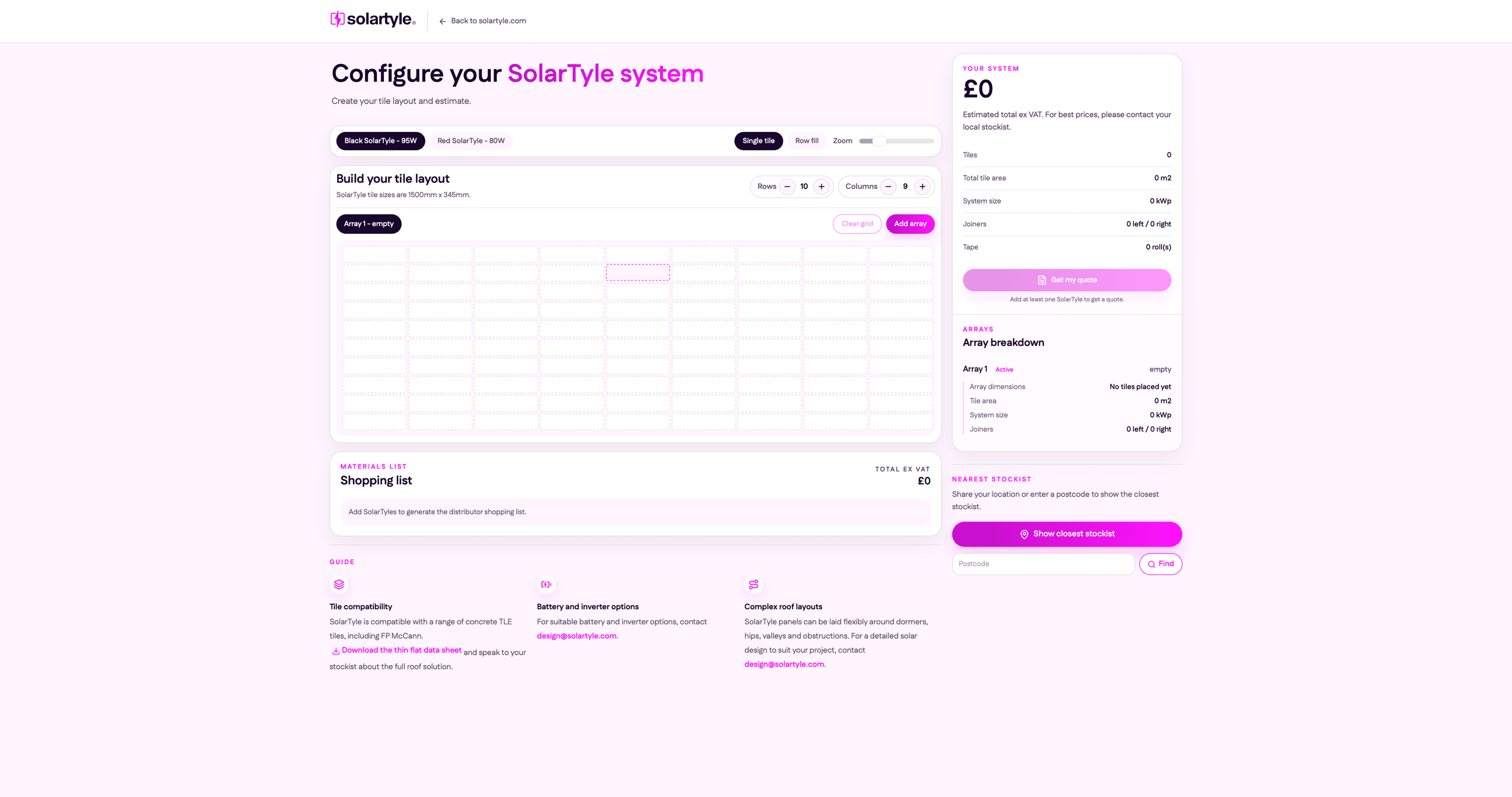 SolarTyle Designer interface showing tile layout, estimate, shopping list and nearest stockist tools